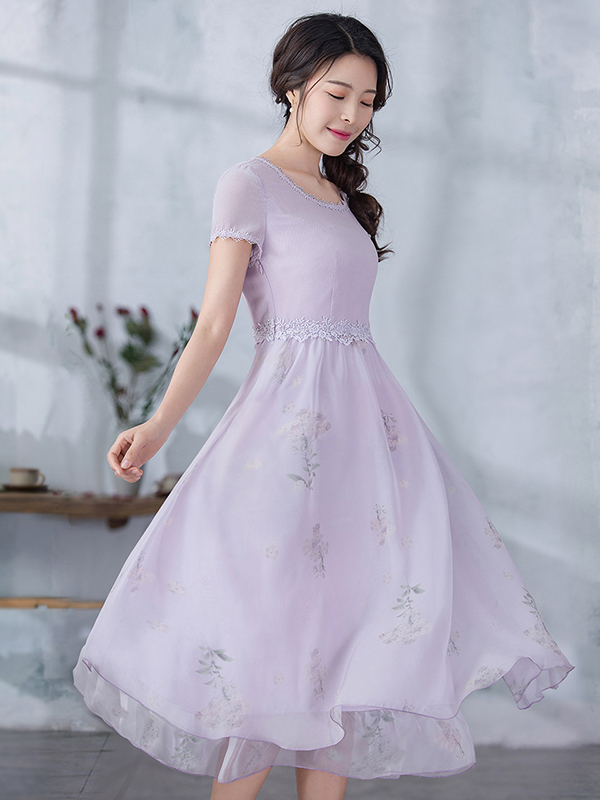 烟花烫连衣裙时尚淑女收腰修身印花雪纺长裙 莲风3820670