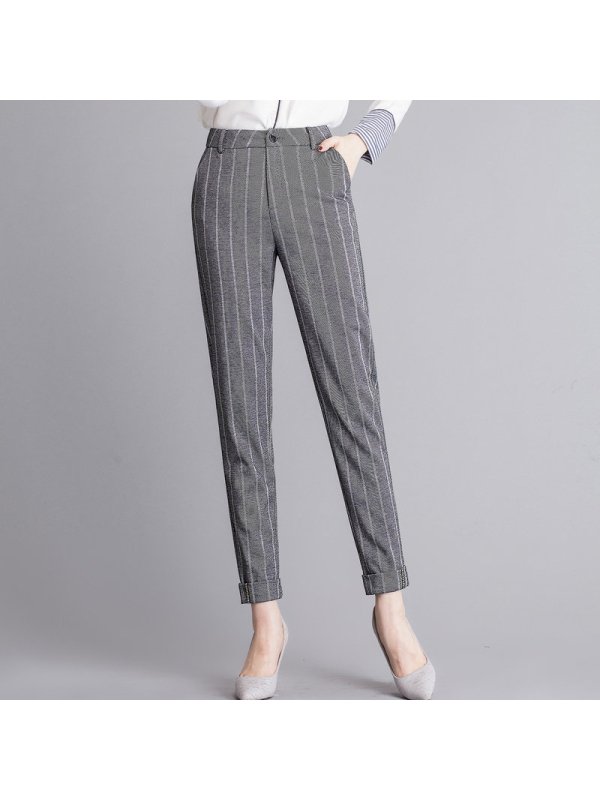 恒源祥高腰哈伦裤春季九分萝卜裤2019女裤黑色裤子宽松休闲裤条纹