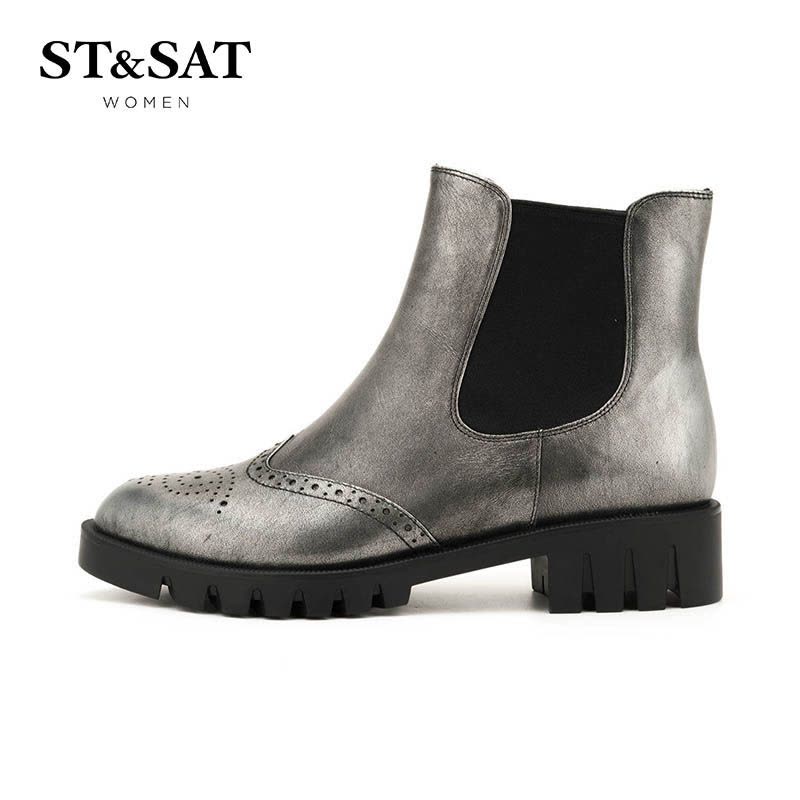 St&Sat/星期六冬切尔西短靴女尖头粗跟英伦女靴子SS64117206图片