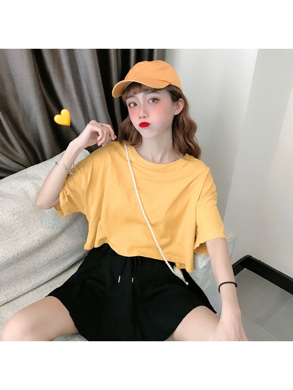 夏季短袖T恤女韩版学生慵懒风bf宽松纯色个性港味短款露脐上衣女