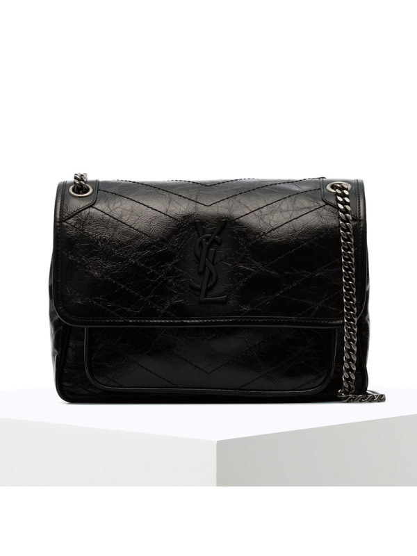预售 圣罗兰YSL NIKI 口盖包中号 字母LOGO光面皮 褶皱皮 女士单肩包498894金链银链