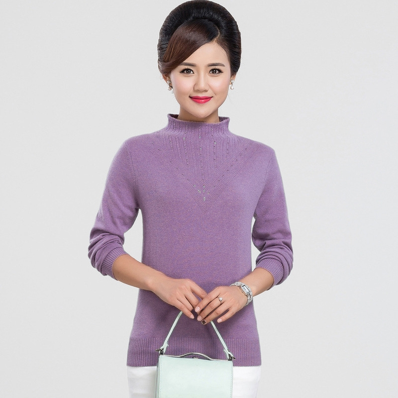 恒源祥女士羊绒衫半高领秋冬镶钻细纹纯羊绒针织衫纯色妈妈装毛衣
