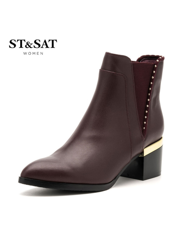 星期六ST&SAT牛皮尖头中跟套脚纯色深口女鞋SS64117887