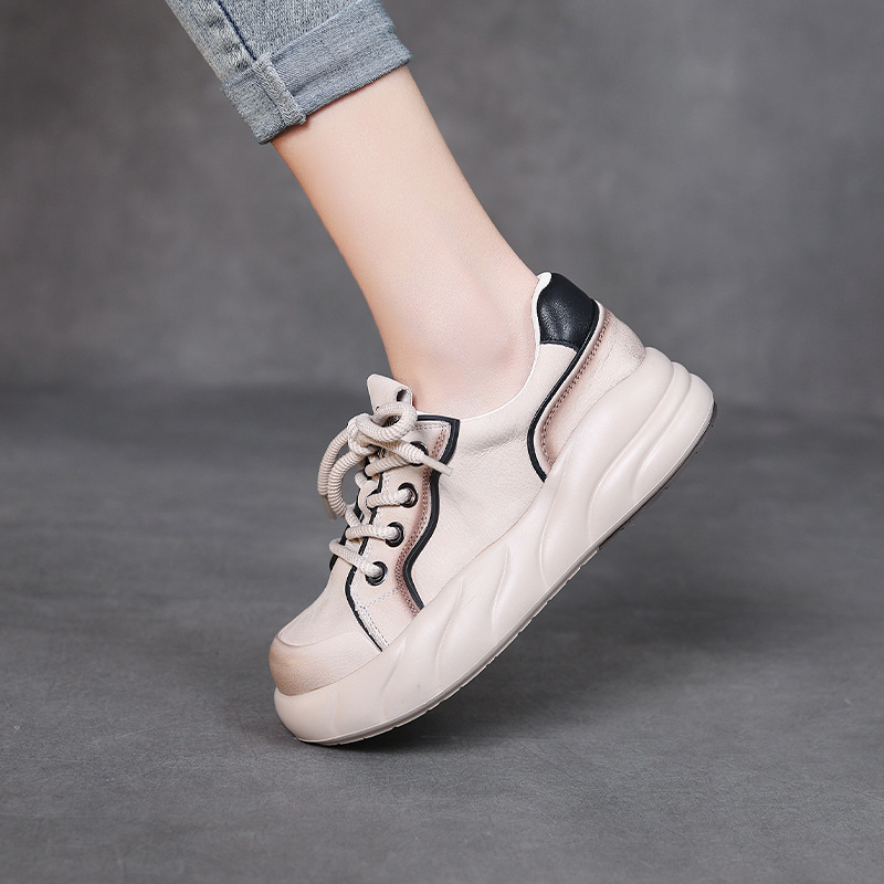 头层牛皮休闲单鞋女2023四季小白系带低帮圆头女鞋复古平跟板鞋