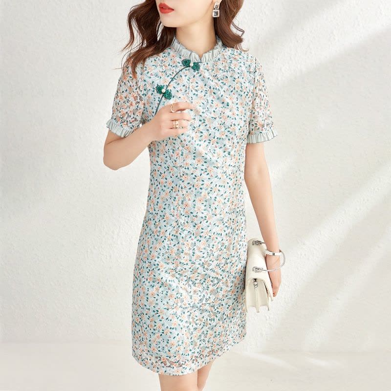 OUNIXUE欧昵雪 | [中国风印花蕾丝裙]夏季气质改良版旗袍印花裙盘扣连衣裙女图片