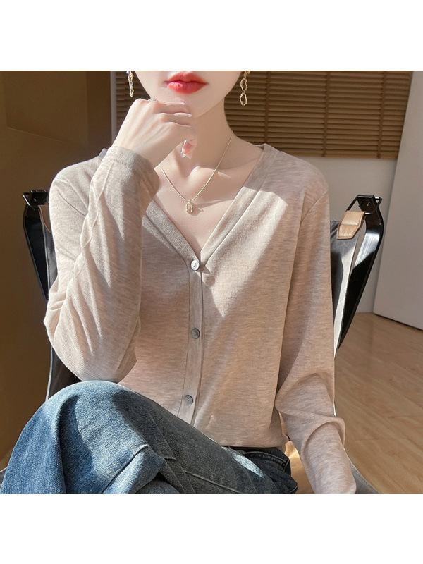 2025春夏季女装新款V领短款薄款搭配吊带裙时尚上衣长袖针织开衫