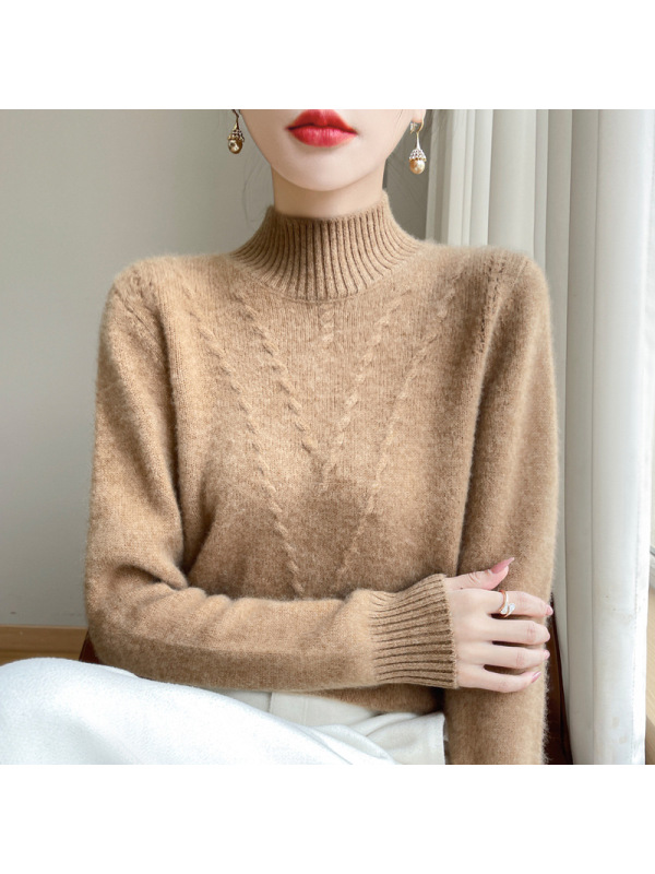 秋冬半高领厚款羊毛衫女针织打底衫长袖套头毛衣提花宽松显瘦上衣