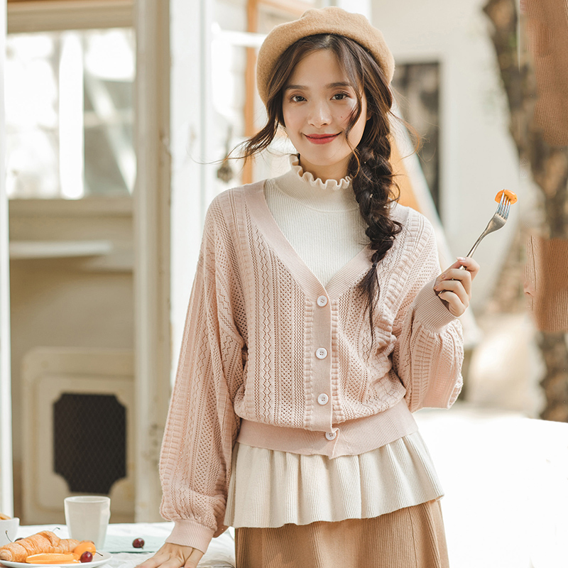 茵曼秋装新款v领提花宽松灯笼长袖开衫毛衣外套女糖果色针织