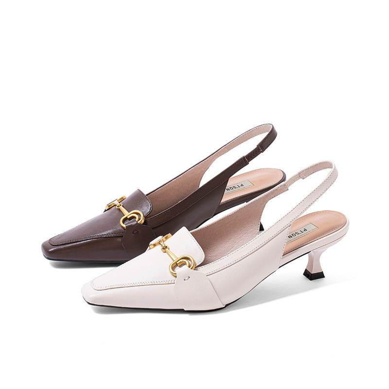 百田森夏季新款猫跟法式复古奶油鞋女半包头凉鞋外穿中跟凉鞋