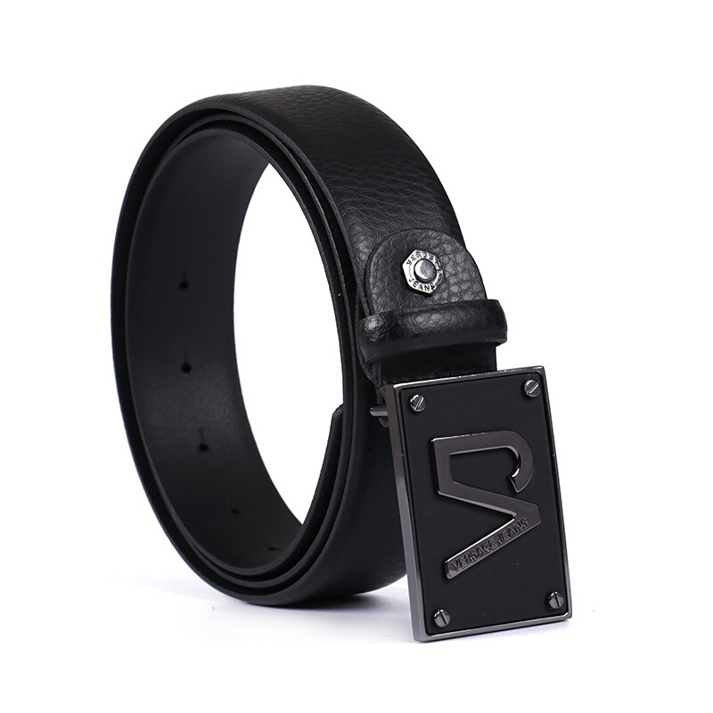 VERSACE JEANS 范思哲 奢侈品18新款 男士黑色皮革荔枝纹黑色板扣腰带 D8YRBF04 70691