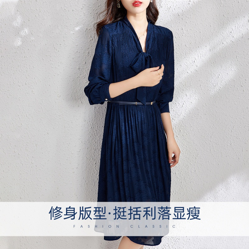 OUNIXUE欧昵雪 | [蝴蝶飘带装饰雪纺裙]春季优雅提花配皮带修身女士连衣裙
