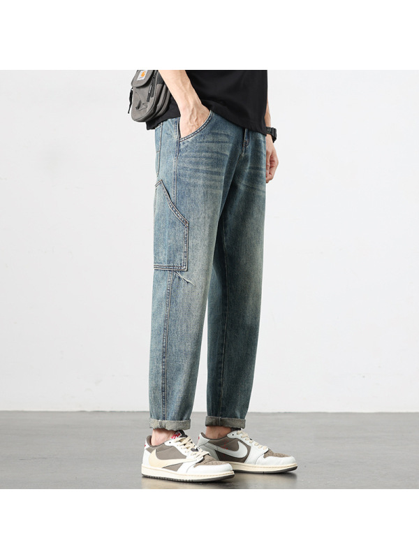 重工大口袋拼接工装牛仔裤男 做旧水洗宽松直筒 潮牌街头休闲长裤