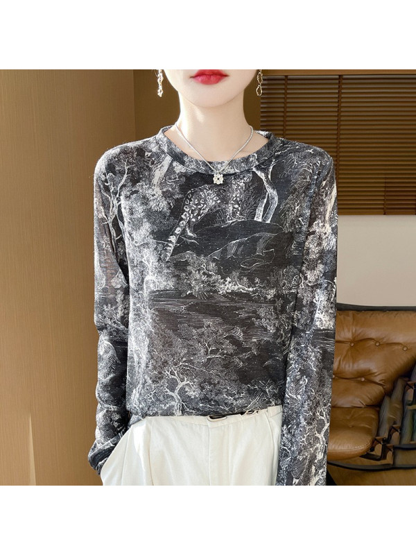 春秋圆领莱赛尔天丝套头打底T恤女宽松印花长袖休闲针织套衫毛衣