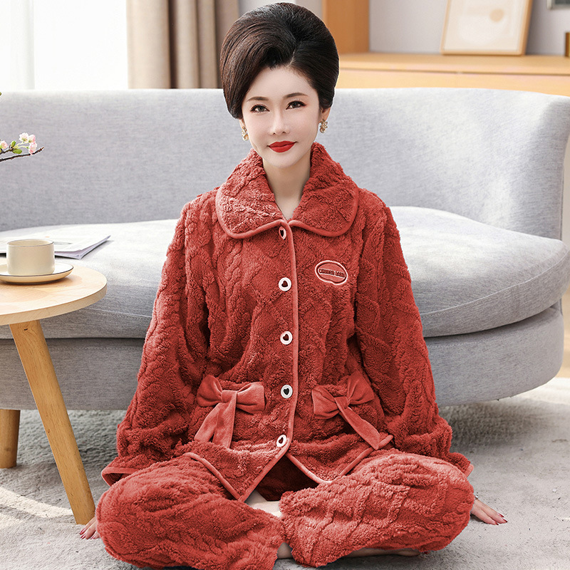 中老年睡衣女冬季开衫珊瑚绒加厚加绒家居服法兰绒妈妈保暖长毛绒