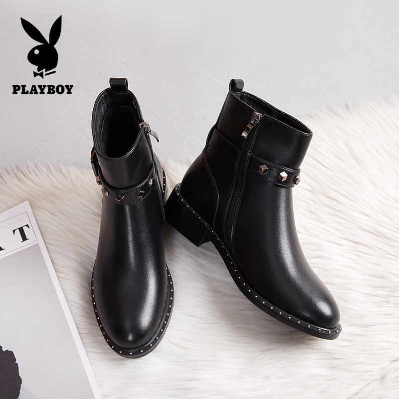 PLAYBOY/花花公子秋冬季加绒纯色休闲韩版侧拉链设计圆头粗跟时尚网红瘦瘦短靴女G13699268