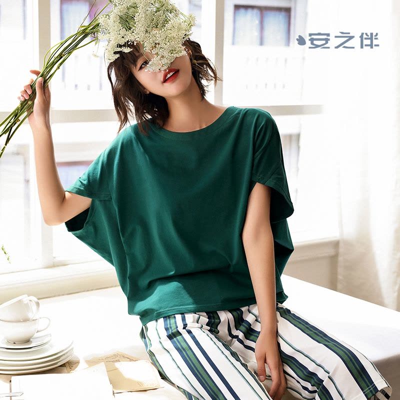 安之伴特卖棉质睡衣女夏宽松韩版短袖条纹七分裤大码外穿两件套家居服图片