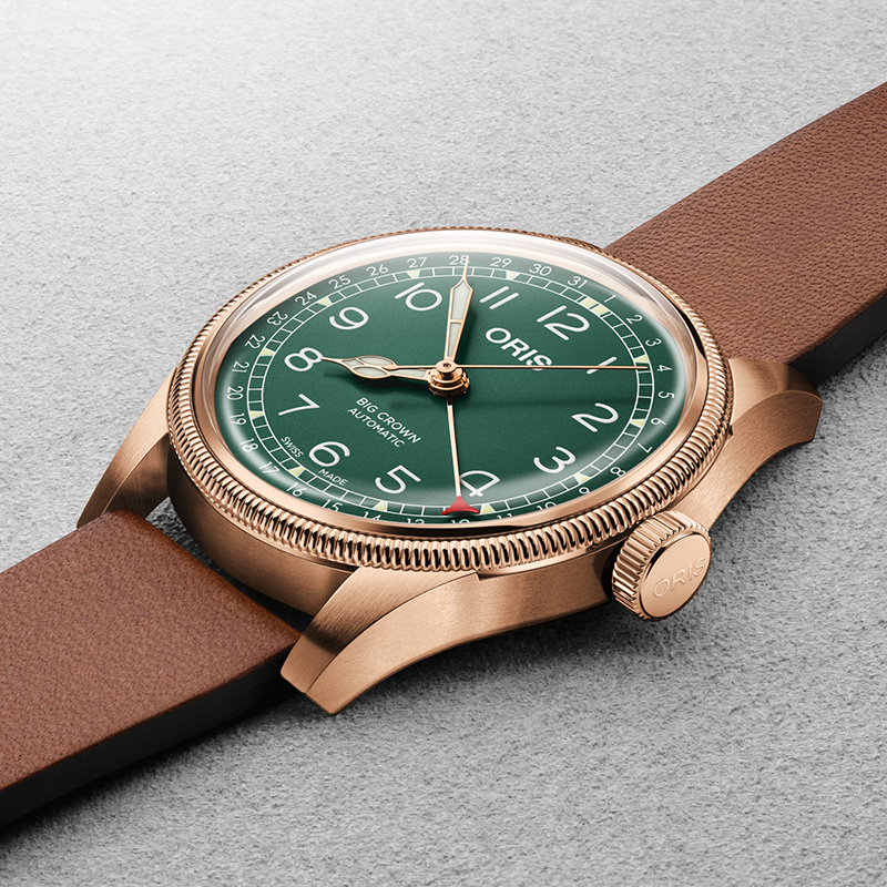 oris豪利时aviation航空系列80周年特别版大表冠指针式绿盘皮带青铜