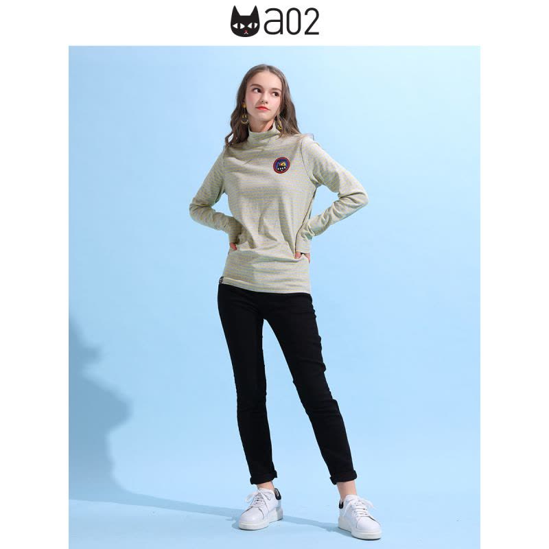 a02新款时尚经典条纹卡通印花修身高领T恤女潮DTU5BA231KT图片