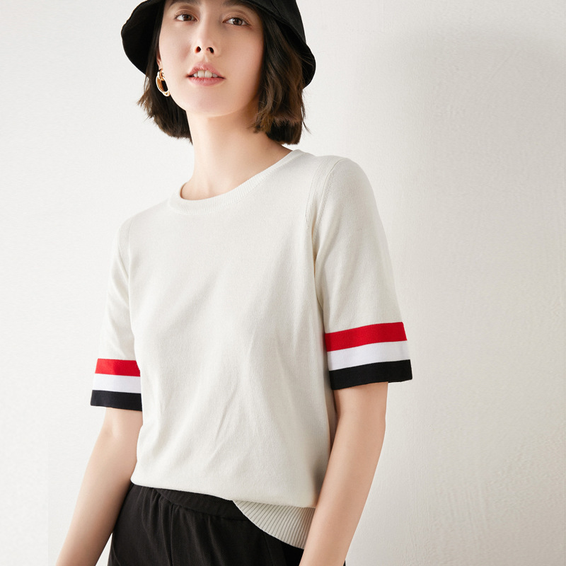 ceba针织短袖t恤女夏丝光棉半袖上衣条纹白色宽松女装短款打底衫潮