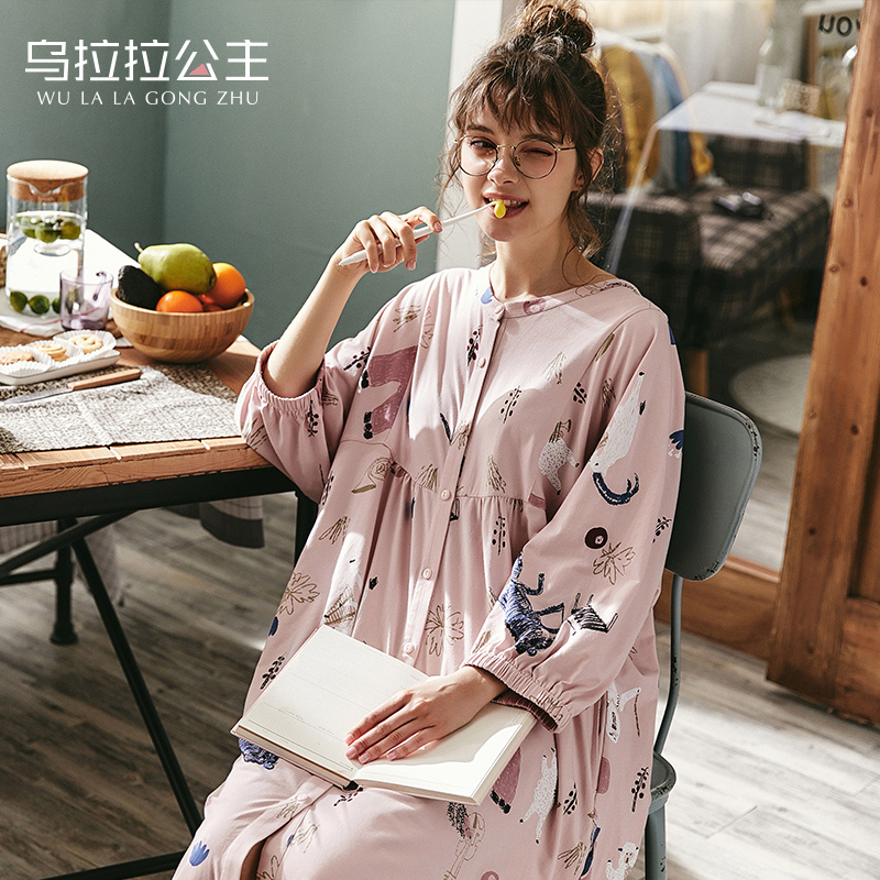 乌拉拉公主睡裙女春夏棉质中袖卡通印花居家服宽松睡衣家居服套装