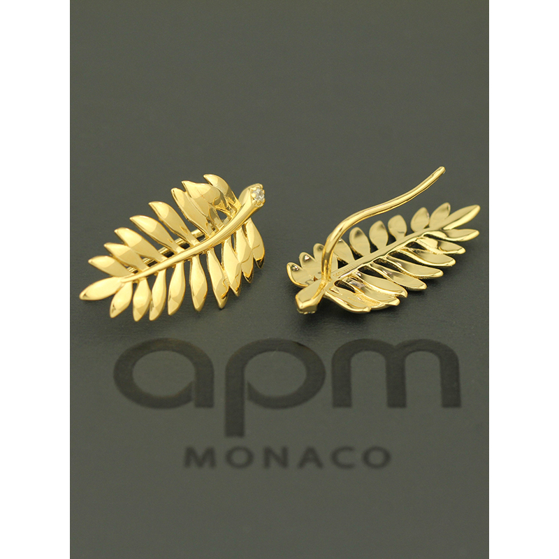 apm MONACO金黄色棕榈叶耳钉女士 热带风时尚耳挂925银耳饰AE12524OXY