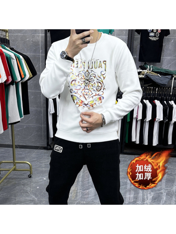 欧洲站加绒重工圆领卫衣男士套头长袖体恤打底衫上衣时尚烫钻潮流