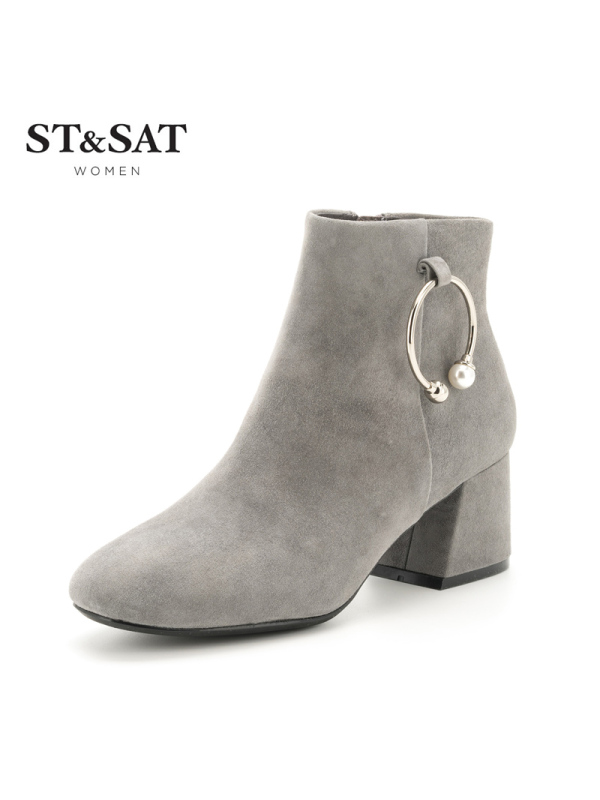 星期六ST&SAT冬短靴女羊反绒圆头粗高跟女靴SS74116710