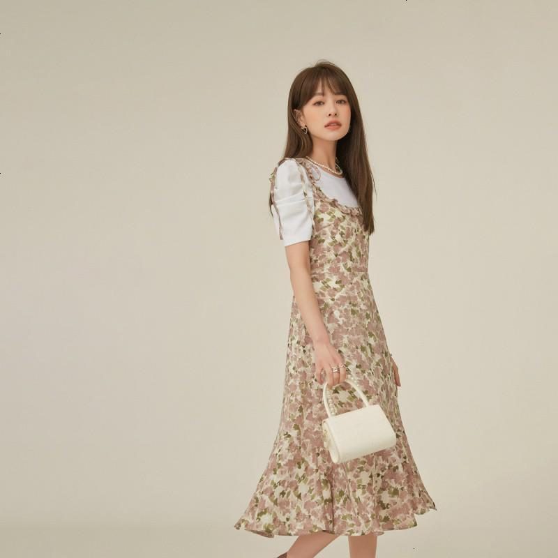 OtherMix碎花吊带连衣裙女2021年夏季新款木耳边露背高腰大摆裙子