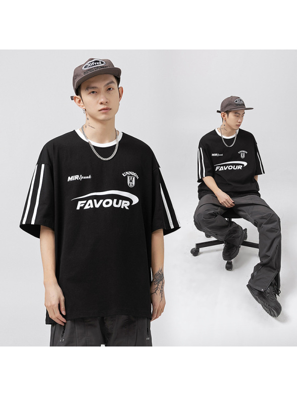 Jusen Shayu250g重磅撞色拼接T恤男夏季新款街头潮牌赛车元素短