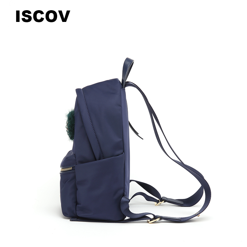 ISCOV时尚双肩包女春夏尼龙拼皮亮钻绒球中号背包