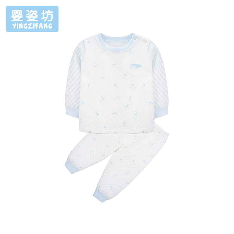 秋季男童女童条纹印花拼接套装圆领长袖双层肩开扣两件套