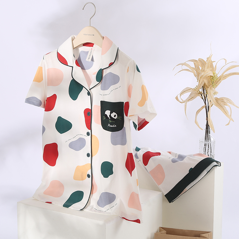 芬腾睡衣女夏季薄款纯棉短袖七分裤两件套装卡通休闲可外穿家居服