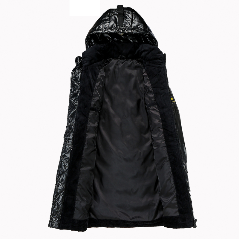 迪伽默 意大利VDG 90白鸭绒亮面连帽中长款羽绒服