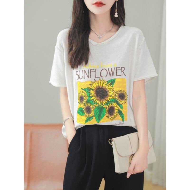 向日葵印花V领纯色T恤宽松休闲通勤春夏新款全棉舒适透气针织短袖图片