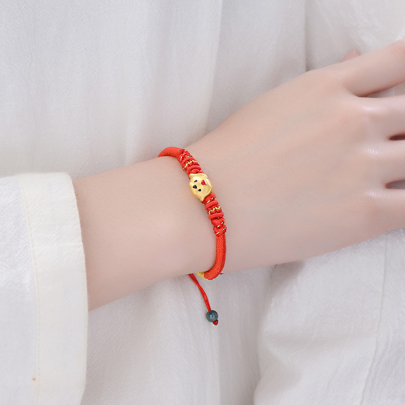 蒂蔻狗年生肖黄金手链男女款3d硬金拉伸款红绳手饰新年礼物宝宝小孩子