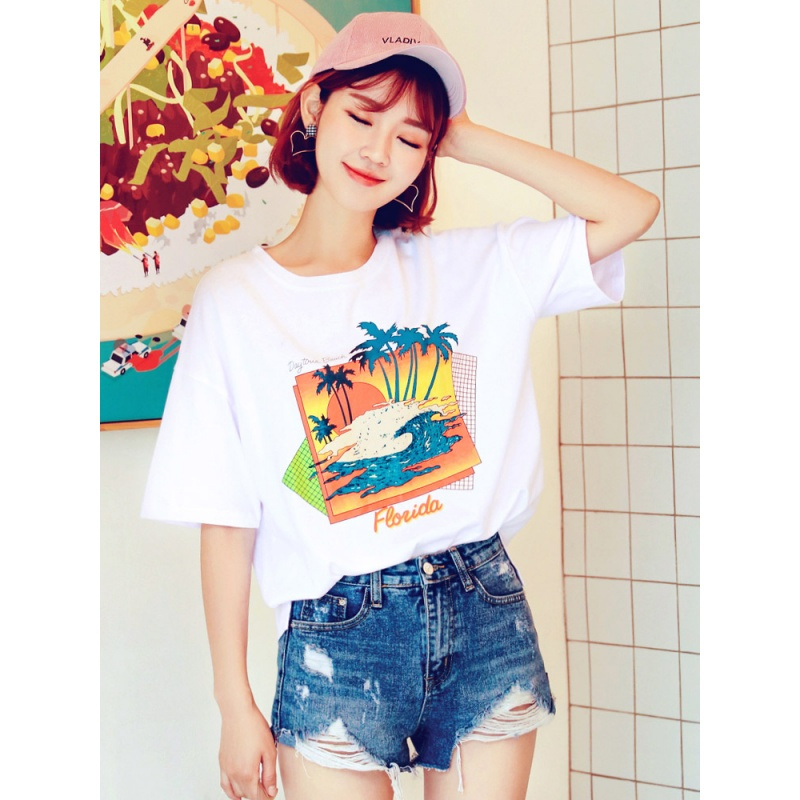 韩都衣舍2018夏装新款韩版女装印花显瘦圆领学生短袖T恤TK1981婏