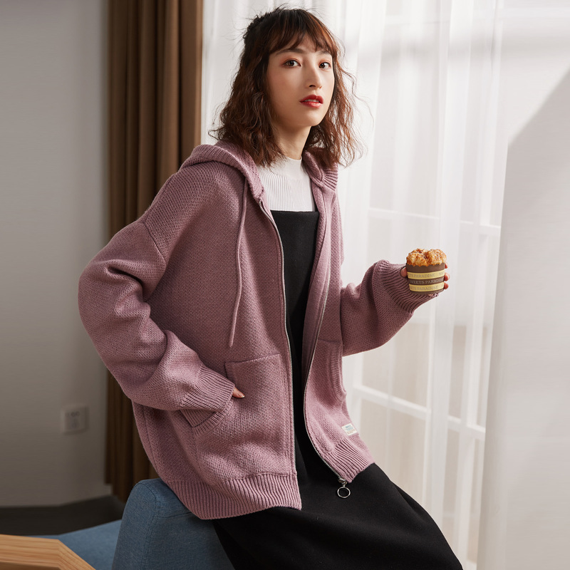 唐狮2019春新款针织衫女开衫连帽宽松韩版学生毛衣外套中长款潮