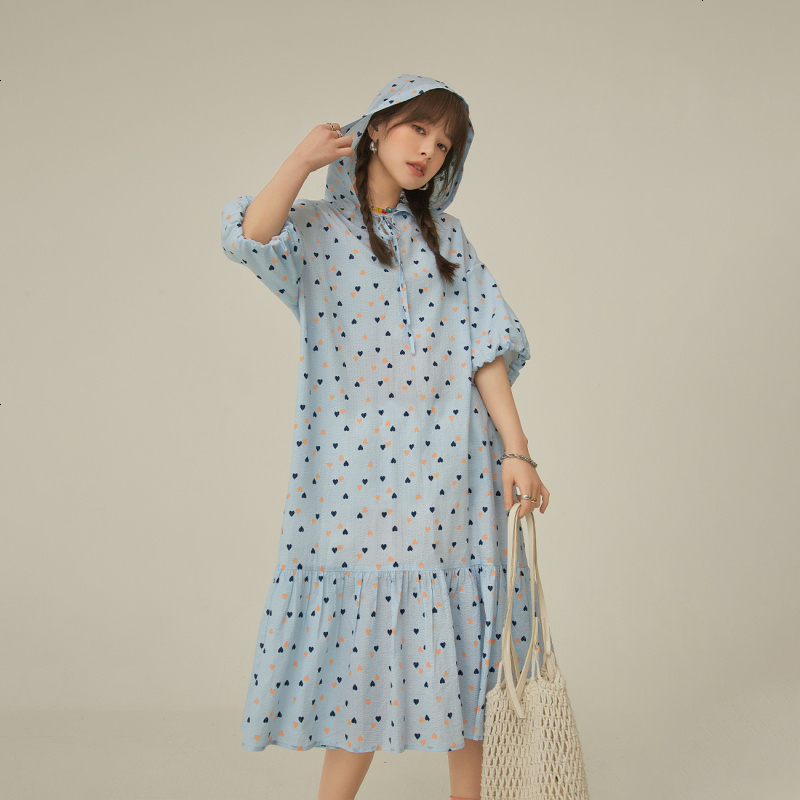 OtherMix日系连帽连衣裙女2021年夏季新款印花小爱心宽松系带裙子