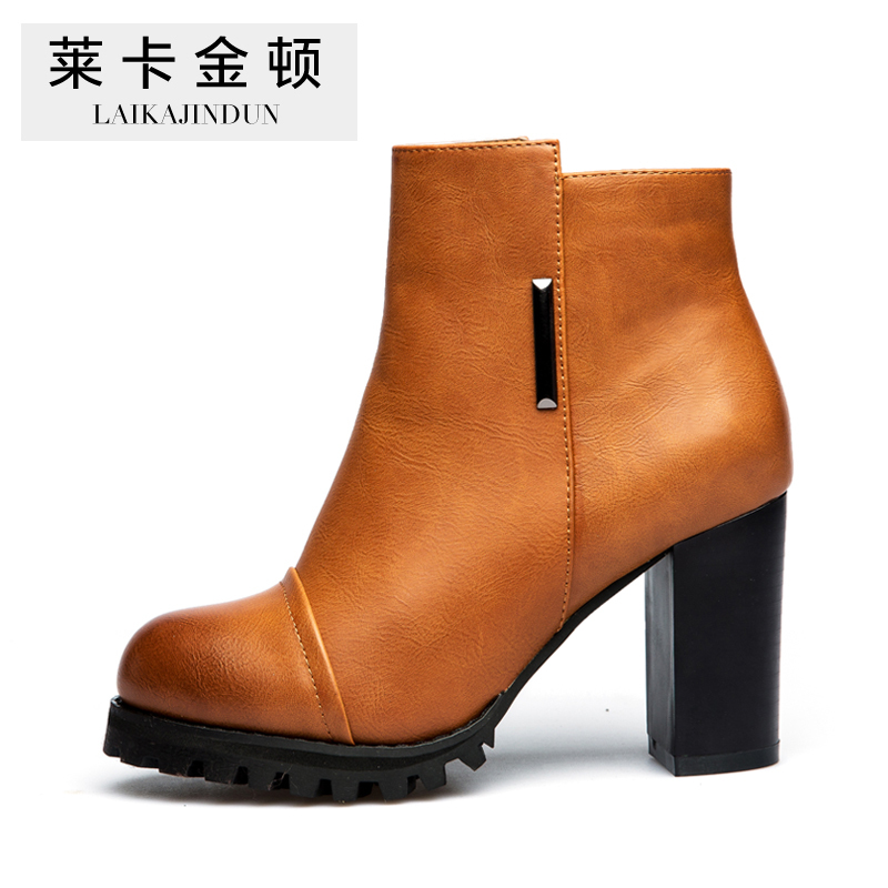 莱卡金顿 粗跟短靴秋冬百搭短筒女靴子冬款加绒高跟女鞋圆头皮靴潮 1871