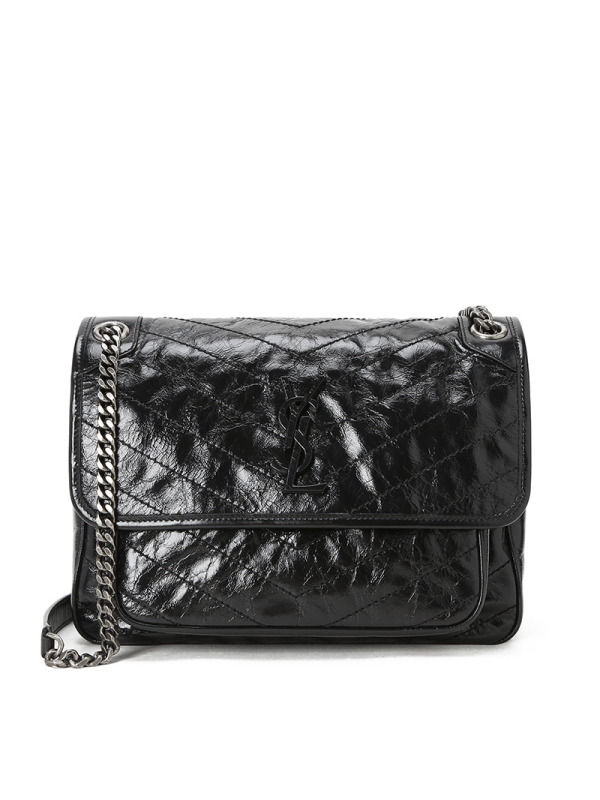 圣罗兰YSL NIKI 口盖包中号 字母LOGO褶皱皮633158银链 女士斜挎单肩包