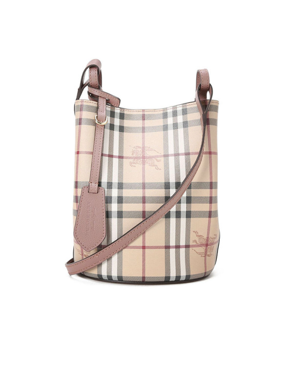 BURBERRY Lorne 经典格纹 小号水桶包拼粉肩带 斜挎包4057156