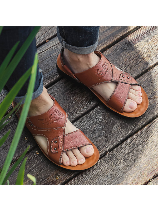 男士真皮夏季凉鞋休闲沙滩鞋牛皮凉鞋男防滑拖鞋