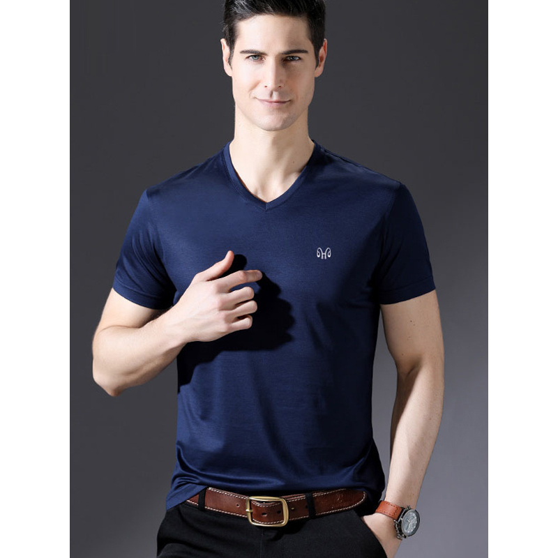 恒源祥男士短袖t恤夏款桑蚕丝v领男鸡心领纯色半袖打底衫休闲男装