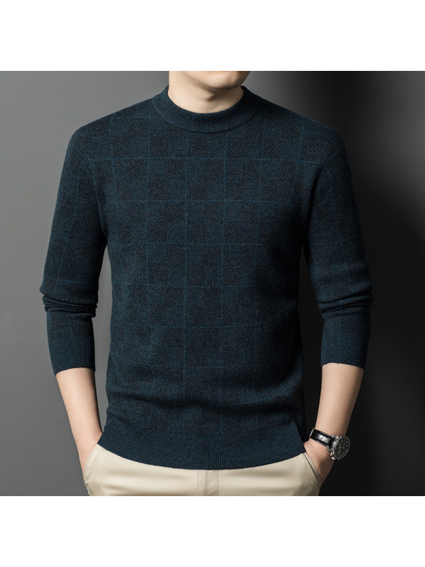 100%绵羊毛衫方格花纹保暖提花加厚打底针织衫濮院工厂纯羊毛衫