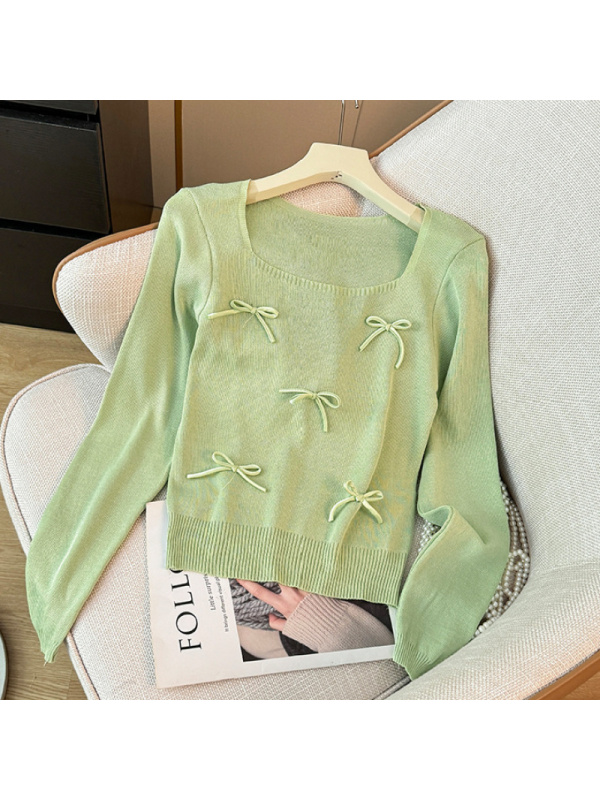 秋季新款设计感打底衫甜辣上衣韩版小香风蝴蝶结长袖针织衫ins潮