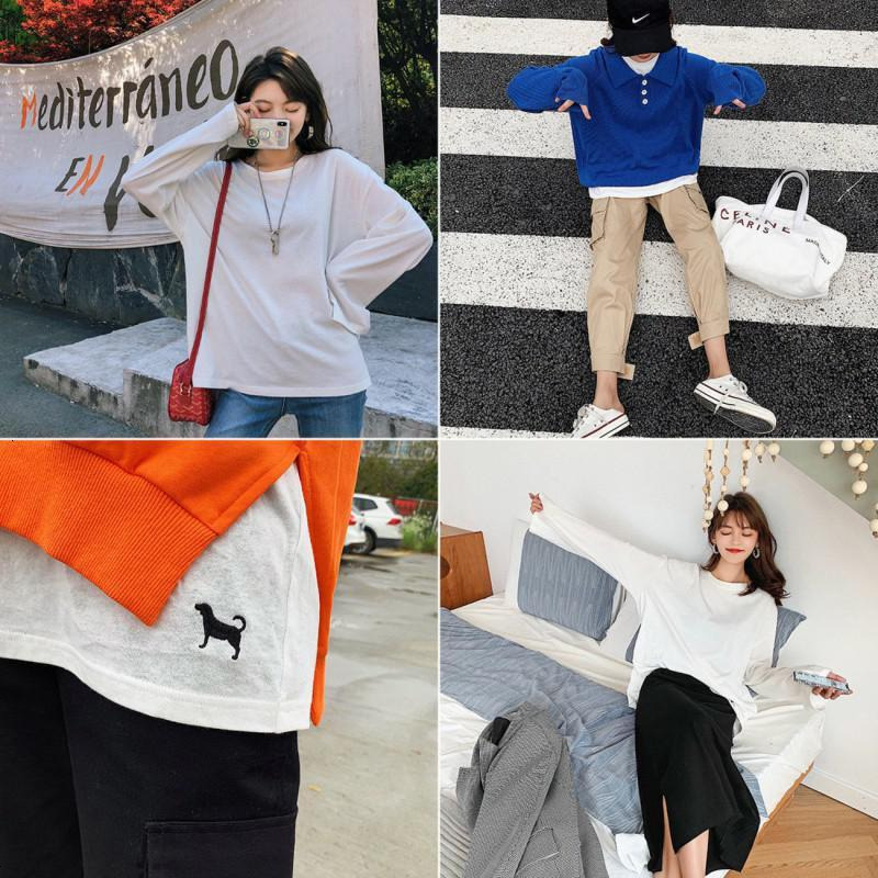 OtherMix白色T恤女装2021新款宽松春季长袖圆领打底衫慵懒风上衣