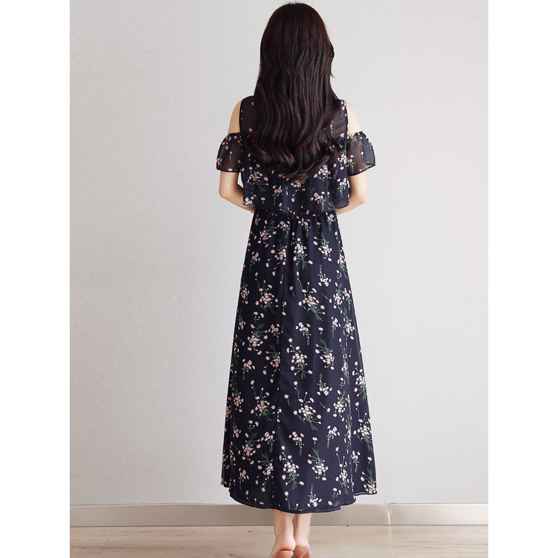 丝柏舍2018夏装新款女装时尚印花露肩袖圆领长款连衣裙S82R0483L
