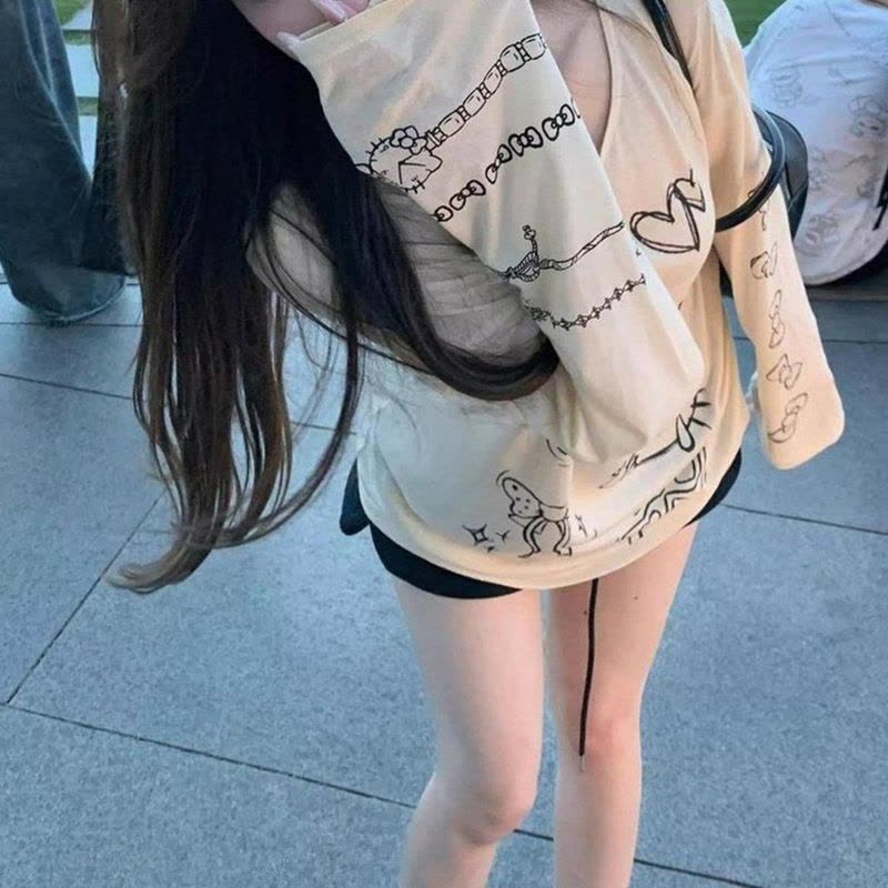 趣味kt猫印花慵懒卡通薄款长袖T恤女装夏季新款宽松防晒罩衫上衣图片