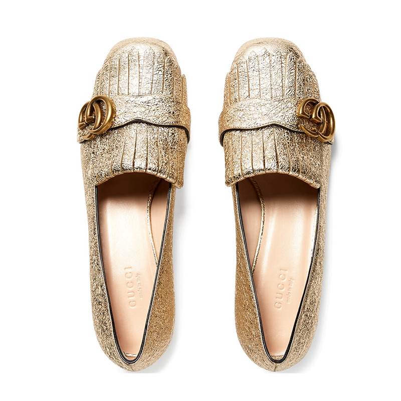 GUCCI/古驰 女士双G金属感皮革流苏中跟鞋453480