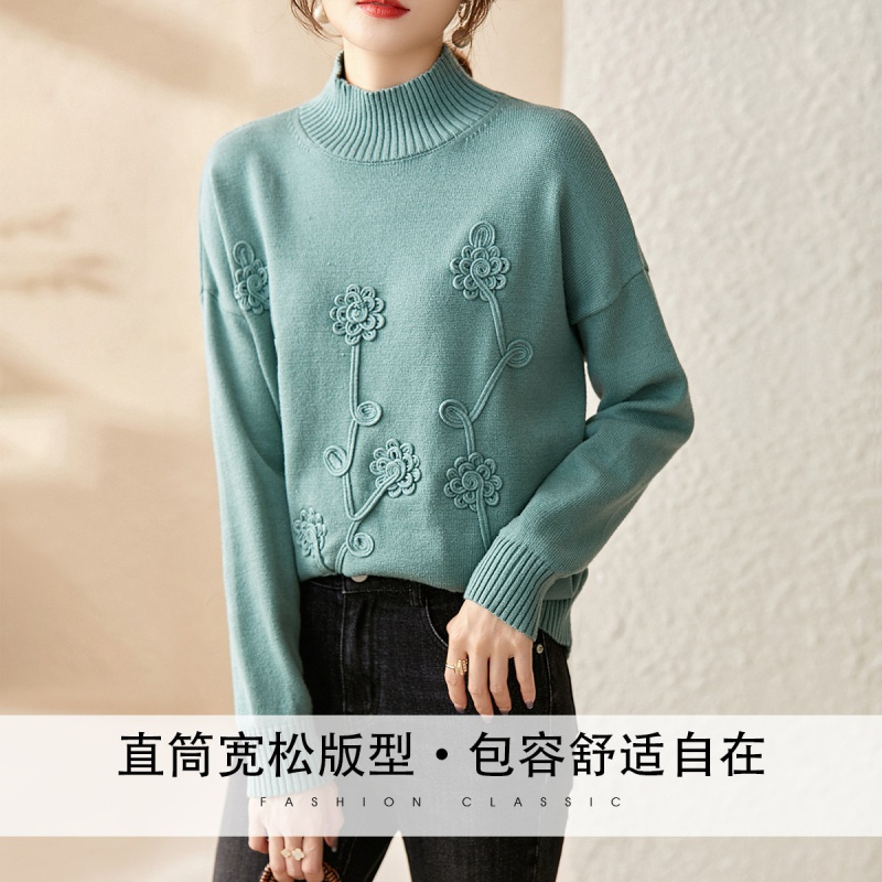 OUNIXUE欧昵雪 | [复古半高领盘花针织衫]温柔套头长袖打底衫女休闲上衣